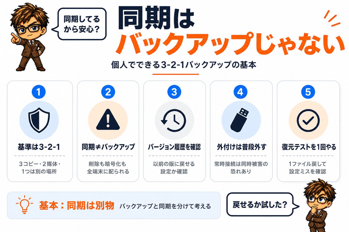 concha_blogger's tweet photo. 【意外と知らない】クラウドに同期しているから「バックアップできている」は、勘違いかもしれない。

同期サービス（DropboxやiCloud等）は、削除した瞬間に全端末で消える。ファイルが壊れれば、壊れたものが上書きされる。「コピーが増える仕組み」ではなく「同じ状態を複製する仕組み」だから。

基本の考え方と、個人でできる対処を整理します。

1. 基準は「3-2-1」
　データは3つのコピー・2種類の媒体・1つは別の場所に。この考え方が長く使われている理由は、1箇所の障害で全滅しない構成だから。

2. 同期≠バックアップ
　同期は「最新の状態を全端末に配る」仕組み。ランサムウェア（ファイルを暗号化して身代金を要求するウイルス）に感染すると、暗号化されたファイルが全端末に配られる。

3. バージョン履歴を使う
　多くのクラウドサービスには「以前の版に戻す」機能がある。削除・上書きの事故に対して有効。設定で有効になっているか一度確認する。

4. 外付けは普段切り離す
　常時接続の外付けHDDは、ウイルスや誤操作の影響を同時に受ける恐れがある。コピーしたら外す、が基本。

5. 「戻せるか」を一度試す
　取れているつもりで戻せないケースがある。1ファイルだけ実際に復元を試すと、設定ミスに気づける。「取っているつもり」が一番こわい状態。

今日やるなら、大事なフォルダを同期フォルダとは別に、外付けやもう1つのクラウドへコピーするところから。