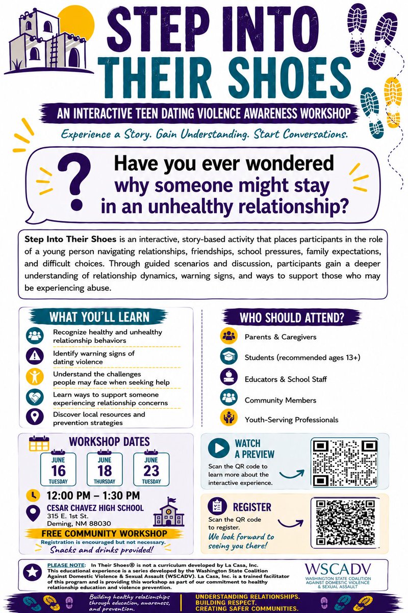 LCLaCasa's tweet photo. 💜 Join us for Step Into Their Shoes workshops on June 18 &amp; 23 at Cesar Chavez HS! Learn to spot abuse &amp; support others. #TeenDatingViolence #HealthyRelationships #YouthAwareness #CommunitySupport #RelationshipEducation #AbusePrevention https://t.co/FauaournMB