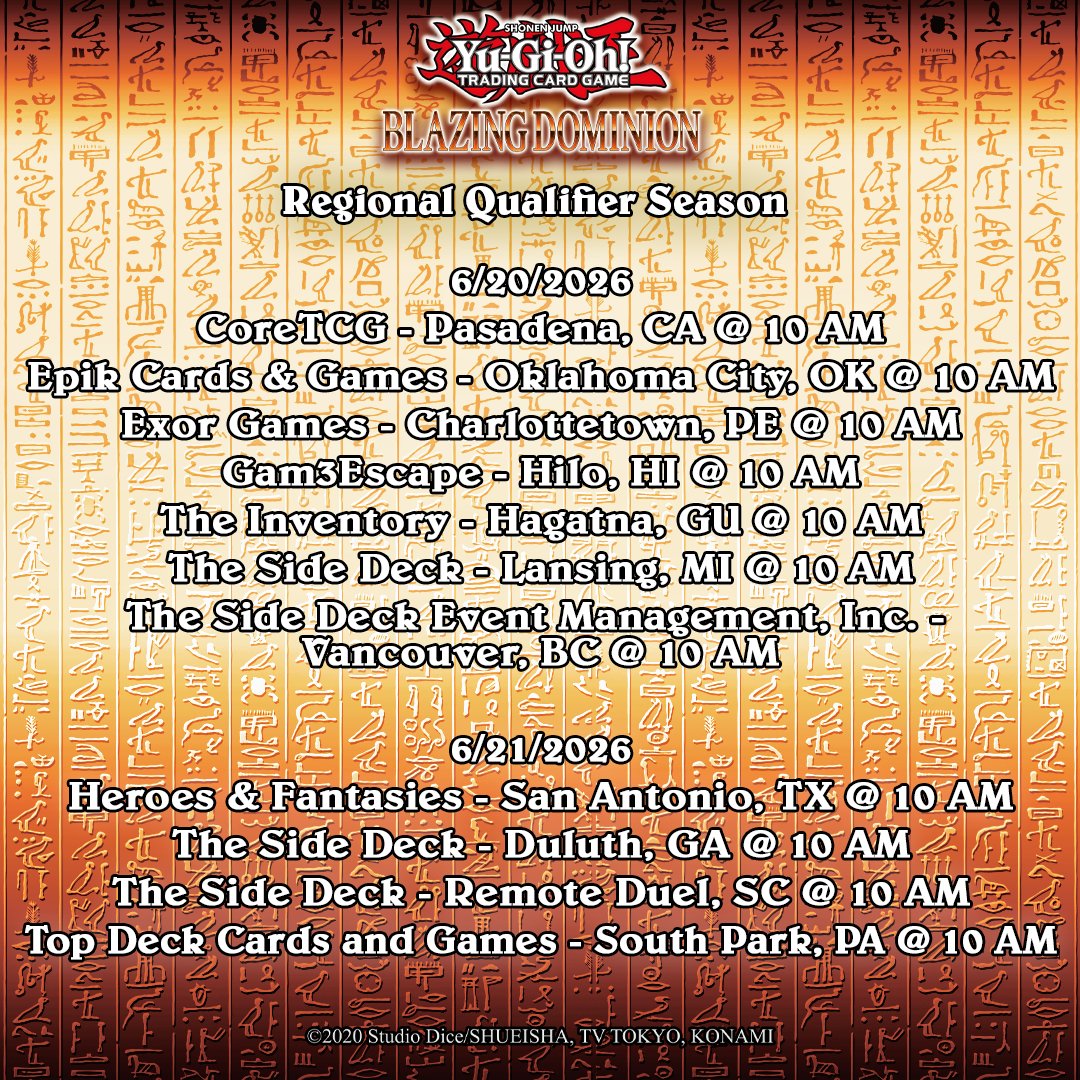 YuGiOh_TCG's tweet photo. The final WCQ Regionals for Blazing Dominion take place this weekend in North America! Can’t attend in person? Duel remotely from home to win cool prizes and secure your spot at the North America WCQ 2026 in Minneapolis.

View participating OTS locations: https://t.co/7cYxVk0jG4 https://t.co/Bwm6J3EJ6M