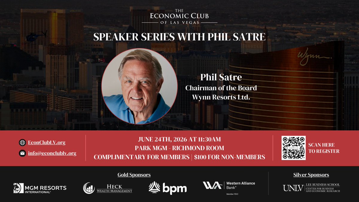 EconClubLV's tweet photo. 1 WEEK AWAY! Join us on June 24th, 2026, 11:30AM at Park MGM as we welcome Phil Satre to discuss Las Vegas’ gaming industry evolution and the regulations influencing Nevada’s economic outlook during our luncheon. Register now at https://t.co/go42pF06EX! #EconClubOfLV #LasVegas https://t.co/nkLkNoBtAm