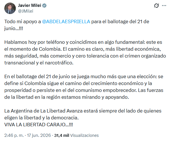 Horadelaverdad's tweet photo. A través de su cuenta de X, el presidente argentino Javier Milei manifestó su apoyo a Abelardo De La Espriella para la segunda vuelta presidencial del próximo 21 de junio en Colombia. https://t.co/XnjXKdUMn6