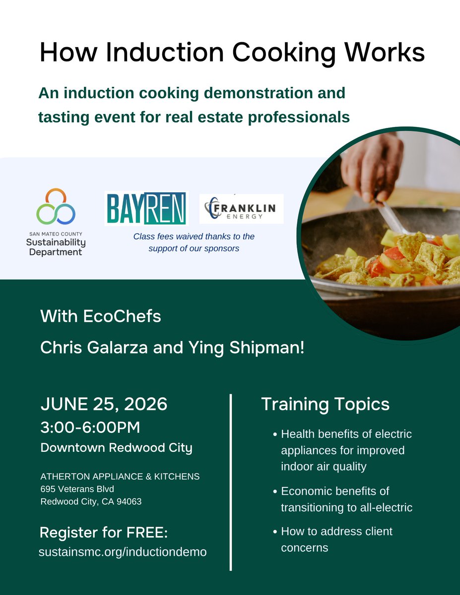 SustainSMC's tweet photo. Real estate professionals: Join us for an induction cooking demo hosted in partnership with the Bay Area Regional Energy Network and the San Mateo County Association of Realtors!🥘

June 25, 2026, 3:00–6:00 PM
Register: https://t.co/6IrnXYC0U9

#SustainSMC #InductionCooking https://t.co/2j5p8erikq