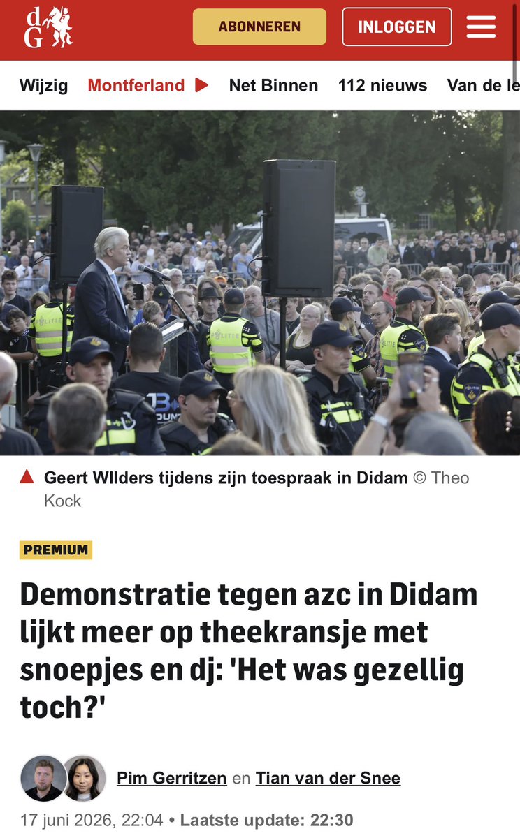 EWagensveld's tweet photo. Vanochtend werd er bij @WNLVandaag en veel andere media gedaan alsof er vanavond een burgeroorlog zou uitbreken in Didam, waar @geertwilderspvv kwam spreken tijdens een anti-azc-protest. Niets bleek minder waar. Het was een groot, vreedzaam protest met een hoge opkomst, waarbij netjes werd geluisterd naar de organisatie en de aanwijzingen van @Politie.

Dat staat in schril contrast met XR-demonstraties, waar deelnemers bijna structureel politiebevelen negeren. Ook was er geen sprake van gezichtsbedekking, zoals die bij pro-Palestina-demonstraties wel wordt gedragen en waar we de deugers dan niet over horen.

Kortom: een theekransje misschien. Niet wat jullie hadden gehoopt . . . . Maar misschien kunnen jullie het nu eens over de inhoud van de demonstratie hebben, nu er niets is gebeurd. Dat onderwerp vermijden veel media immers graag. 😉