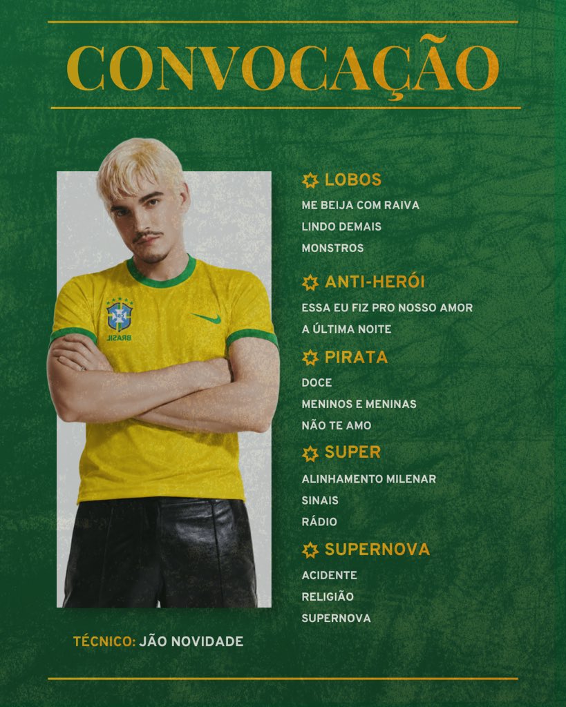 jaonovidade's tweet photo. A convocação está feita. ✅⚽

Essas são as 16 músicas convocadas para a Jão’s Cup e a disputa começa em breve.

Façam suas apostas: quem levanta a taça no final? 🏆 https://t.co/vYJKUnv9Wp