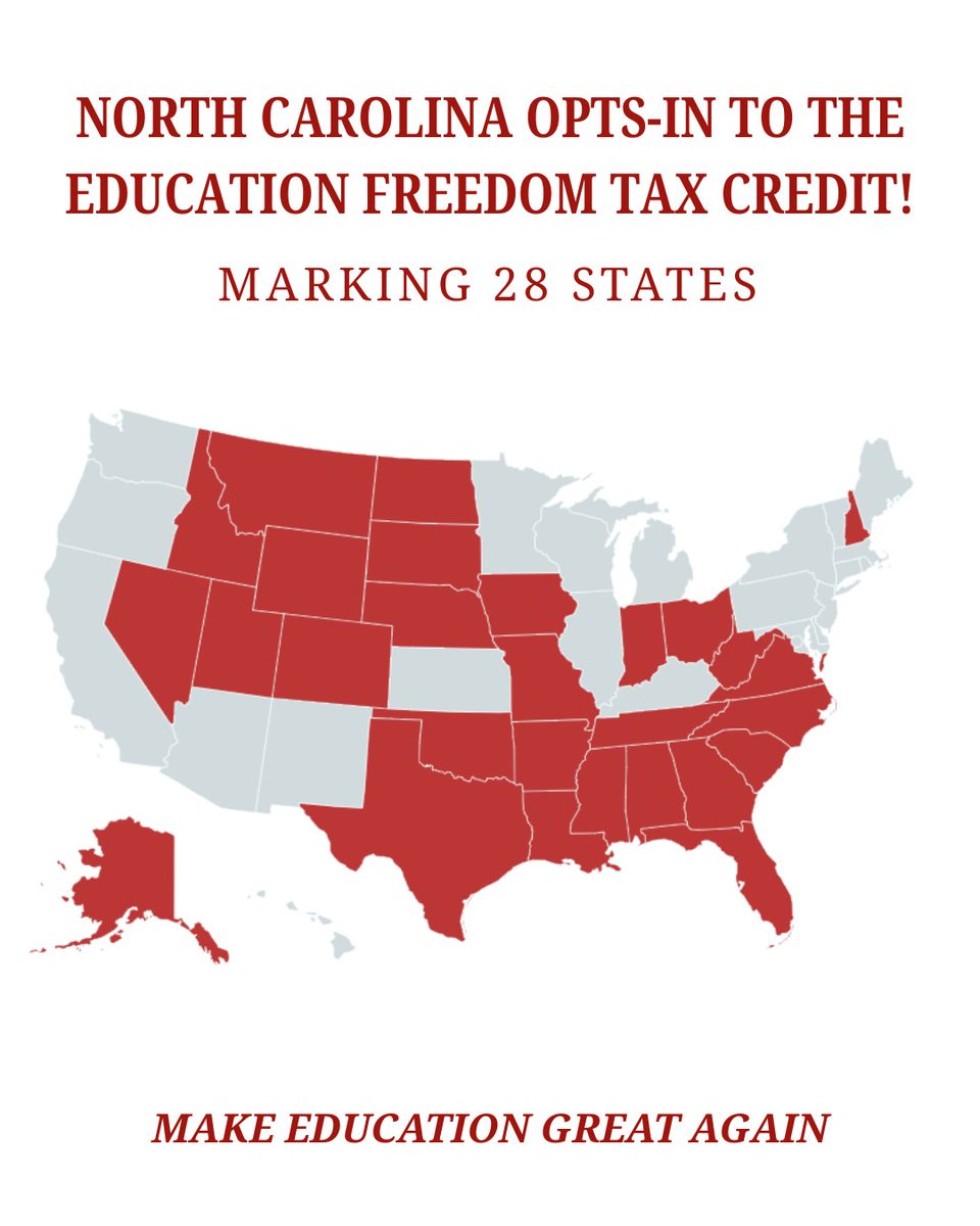 usedgov's tweet photo. It’s official: North Carolina has opted-in to @POTUS’ Education Freedom Tax Credit.  

This marks 28 states who have put their students, parents, and educators FIRST. https://t.co/aCTpm1tcw9