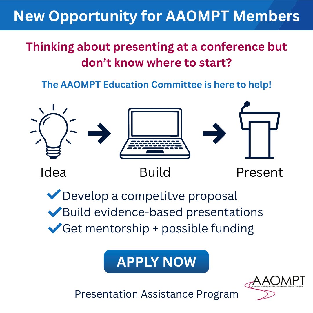 AAOMPT's tweet photo. Ever thought about presenting at a conference—but didn’t know where to start?
✅ Guidance on developing a competitive proposal
✅ Support in building an evidence-based presentation
✅ Potential financial assistance to help you get there
https://t.co/ldMxH0xaHe https://t.co/vku5jqg8iF