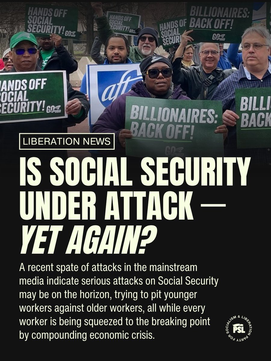 pslnational's tweet photo. The billionaires don’t value anyone who isn’t making money for them. This shows especially in their attitude towards Social Security and retired workers who receive Social Security benefits. The billionaires think: “If you aren’t working to enrich our profits, what’s the point? Why are we wasting good money on you?”

A recent spate of attacks in the mainstream media indicate serious attacks on Social Security may be on the horizon, trying to pit younger workers against older workers, all while every worker is being squeezed to the breaking point by compounding economic crisis.

Read the full article on Liberation News ➡️ https://t.co/yxhd2oA8YH