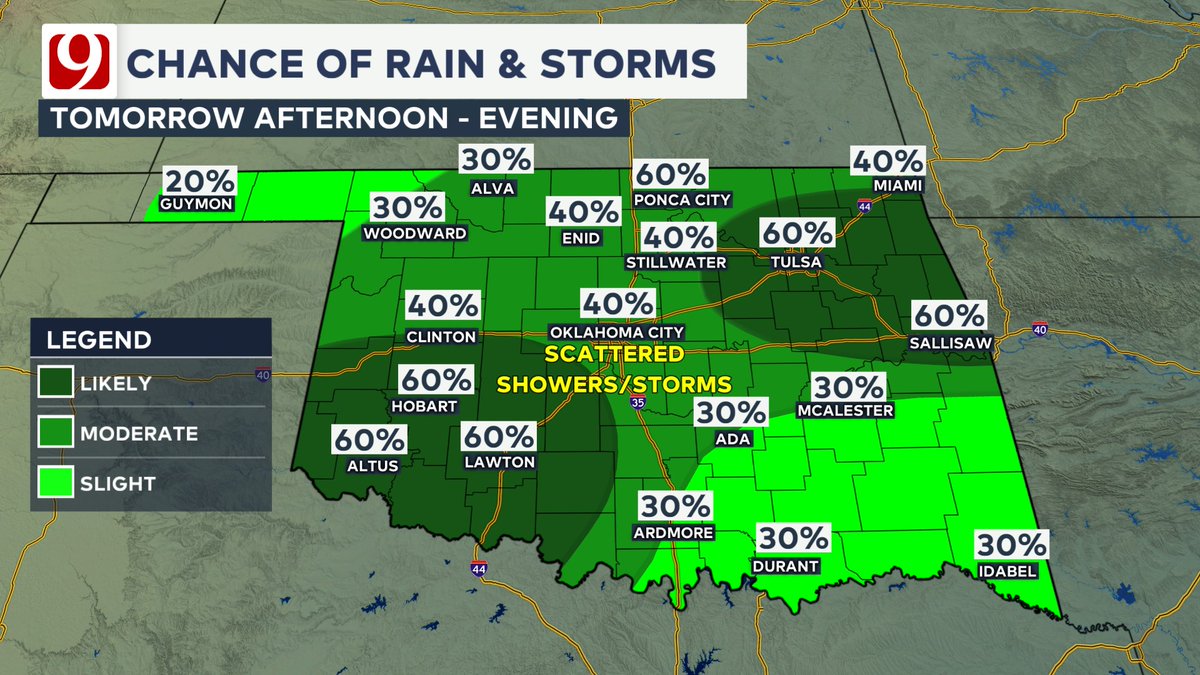 JedCastles's tweet photo. A hot evening with a south wind &amp; temps only falling into the 80s. Overnight, our cold front starts to drift south out of Kansas with a chance of storms. Most will stay dry in the 70s. Tomorrow, north winds &amp; clouds along with rain chances divide the state from 70s to 90s. #okwx https://t.co/myeusdIkh2