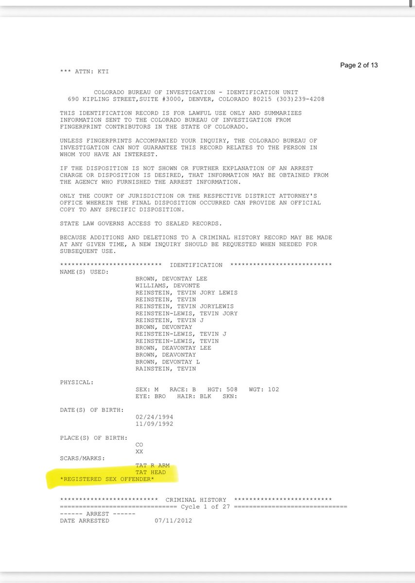dobetterdnvr's tweet photo. Some info I was able to find on Tevin… 

He’s a sex offender that keeps failing to register and has a 10+ page criminal record with 27 arrest cycles. https://t.co/aIEGqBdB9z