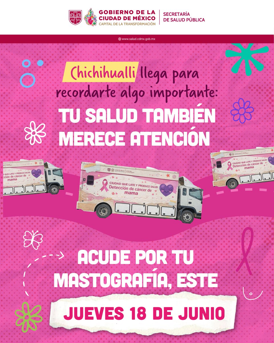 SSaludCdMx's tweet photo. 💖 Aprovecha este 𝗷𝘂𝗲𝘃𝗲𝘀 𝟭𝟴 𝗱𝗲 𝗷𝘂𝗻𝗶𝗼 y realiza tu mastografía gratuita. 📍 Conoce las ubicaciones de los mastógrafos móviles en las imágenes.
Requisitos:
✅ Presentar tu INE o CURP.
✅ Proporcionar un teléfono de contacto para la entrega de resultados.
✅ Acudir sin desodorante, crema, talco ni perfume.
✅ Baño del día.
✅ Eliminar vello de las axilas.
☎️ Puedes hacer tu cita al: 55 50 38 17 09
#Mastógrafos #Prevención #SaludPública