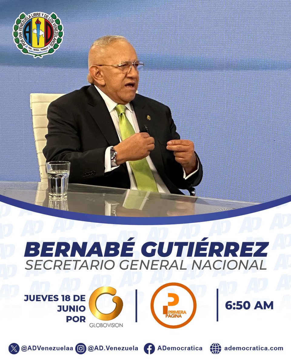 ADVenezuelaa's tweet photo. 📢 Mañana #18Jun a las 6:50 AM, el Secretario General Nacional de #AcciónDemocrática, @adbernabe, estará en vivo en @primerapagina por @globovision analizando los desafíos políticos que afronta Venezuela. 

¡Sintoniza la transmisión! 🇻🇪 https://t.co/JHHdJW88f8