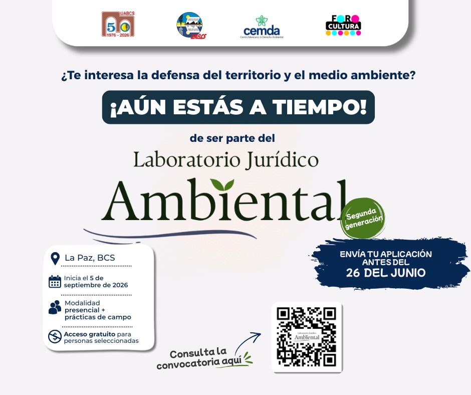 CEMDA's tweet photo. ¡Tenemos noticias!
Extendimos la convocatoria para formar parte de la segunda generación del Laboratorio Jurídico Ambiental. 🌿⚖️
Si te interesa, todavía estás a tiempo de postularte.
📅Fecha límite: 26 de junio
📍 La Paz, BCS
Consulta la convocatoria https://t.co/ajhHV7j3N2 https://t.co/VtS9hQjJJG