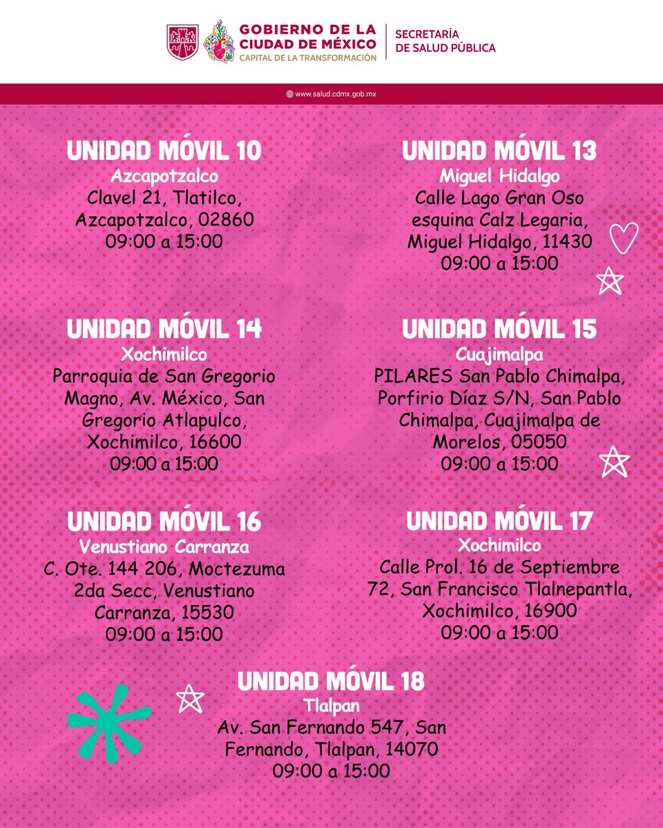 SSaludCdMx's tweet photo. 💖 Aprovecha este 𝗷𝘂𝗲𝘃𝗲𝘀 𝟭𝟴 𝗱𝗲 𝗷𝘂𝗻𝗶𝗼 y realiza tu mastografía gratuita. 📍 Conoce las ubicaciones de los mastógrafos móviles en las imágenes.
Requisitos:
✅ Presentar tu INE o CURP.
✅ Proporcionar un teléfono de contacto para la entrega de resultados.
✅ Acudir sin desodorante, crema, talco ni perfume.
✅ Baño del día.
✅ Eliminar vello de las axilas.
☎️ Puedes hacer tu cita al: 55 50 38 17 09
#Mastógrafos #Prevención #SaludPública