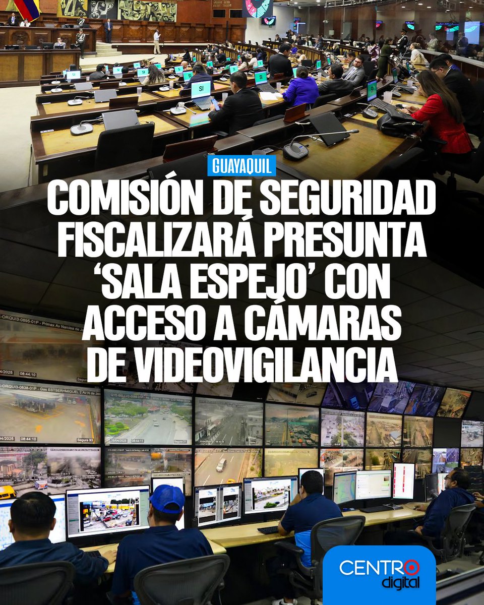 radiocentroec's tweet photo. #ATENCION | La Comisión de Seguridad Integral de la Asamblea Nacional realizará un proceso de fiscalización sobre la presunta existencia de una denominada “sala espejo”, que habría sido implementada en 2024 dentro de dependencias del Municipio de Guayaquil y que tendría acceso a los sistemas de videovigilancia de Segura EP.

Los detalles➡️ https://t.co/fzGoC4fMZP
