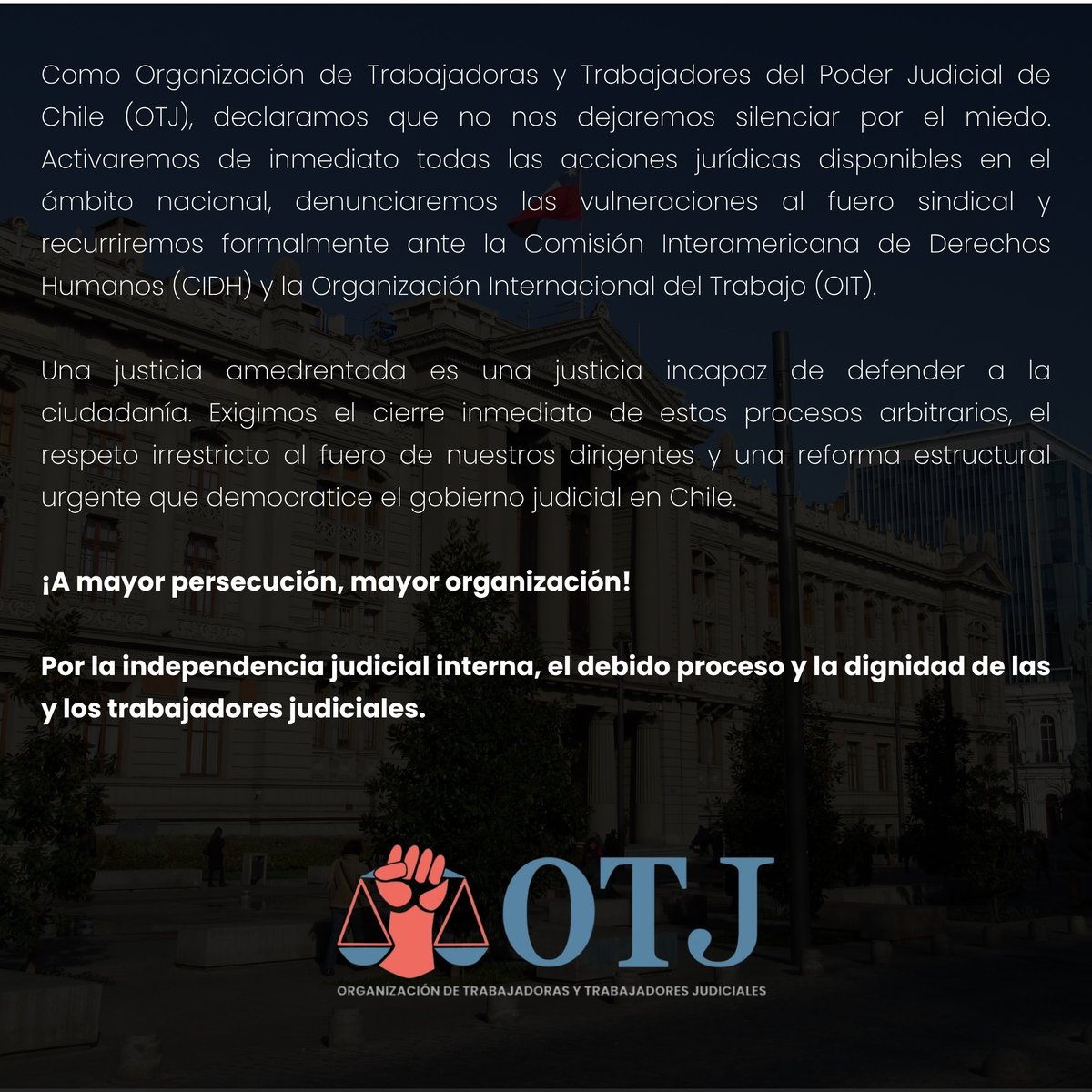 OTJ_Chile's tweet photo. 📌DECLARACIÓN PÚBLICA

ANTE LA OFENSIVA DISCIPLINARIA DE LA CORTE SUPREMA: RECHAZAMOS EL USO INSTRUMENTAL DEL CUADERNO DE REMOCIÓN Y REIVINDICAMOS LA INDEPENDENCIA JUDICIAL Y LA DIGNIDAD LABORAL https://t.co/BXl7n7QNd7
