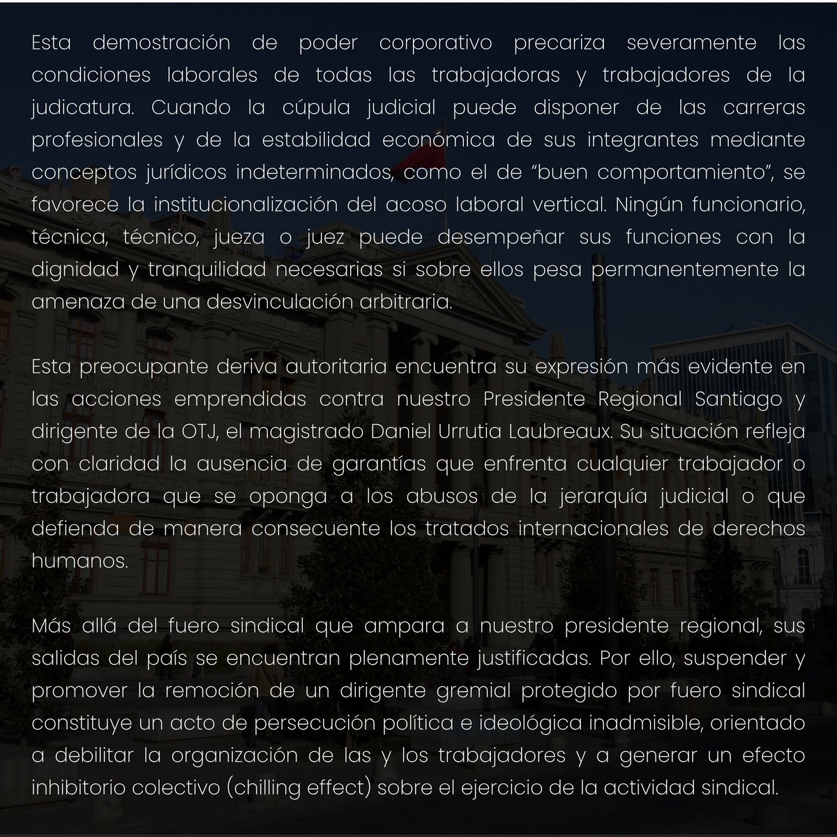 OTJ_Chile's tweet photo. 📌DECLARACIÓN PÚBLICA

ANTE LA OFENSIVA DISCIPLINARIA DE LA CORTE SUPREMA: RECHAZAMOS EL USO INSTRUMENTAL DEL CUADERNO DE REMOCIÓN Y REIVINDICAMOS LA INDEPENDENCIA JUDICIAL Y LA DIGNIDAD LABORAL https://t.co/BXl7n7QNd7