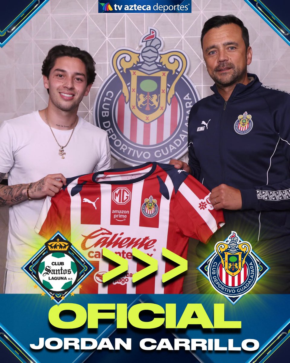 AztecaDeportes's tweet photo. JORDAN CARRILLO ES ROJIBLANCO 🔴⚪

El Club Guadalajara ha anunciado la incorporación de Jordan Carrillo a sus filas. A pesar de haber disputado la final del Torneo Clausura 2026 con Pumas, su carta pertenecía a Santos Laguna.

Llega en compra definitiva. https://t.co/k3ofhnvM5f