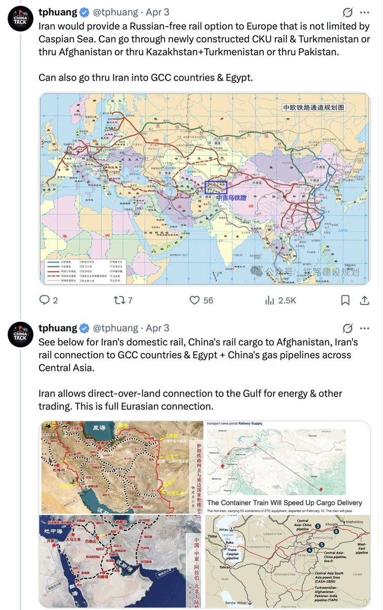 tphuang's tweet photo. Iran's geographical advantage becomes real after this conflict. I said that China will invest huge amount of money in Iran so it can be fully connected w/ Gulf region. China also incentivized to rebuild relations bw Iran & neighbors for peace in the region.

w/ its new found power, Iran will demand a bigger seat on the table including being key part of the bloc w/ China & Russia as well as China's advanced tech. Given Iran's immense human capital & power, I see no reason why China would hold that back.

Given 10 yrs, Iran will have a full fledging manufacturing sector as well as Air Force & Navy. It won't just rely on missiles & drones.

So that's why this 60 days will be interesting to watch. Are US elites willing to allow this to happen? Once Iran gets integrated as the leading power in the region, there is no turning back.