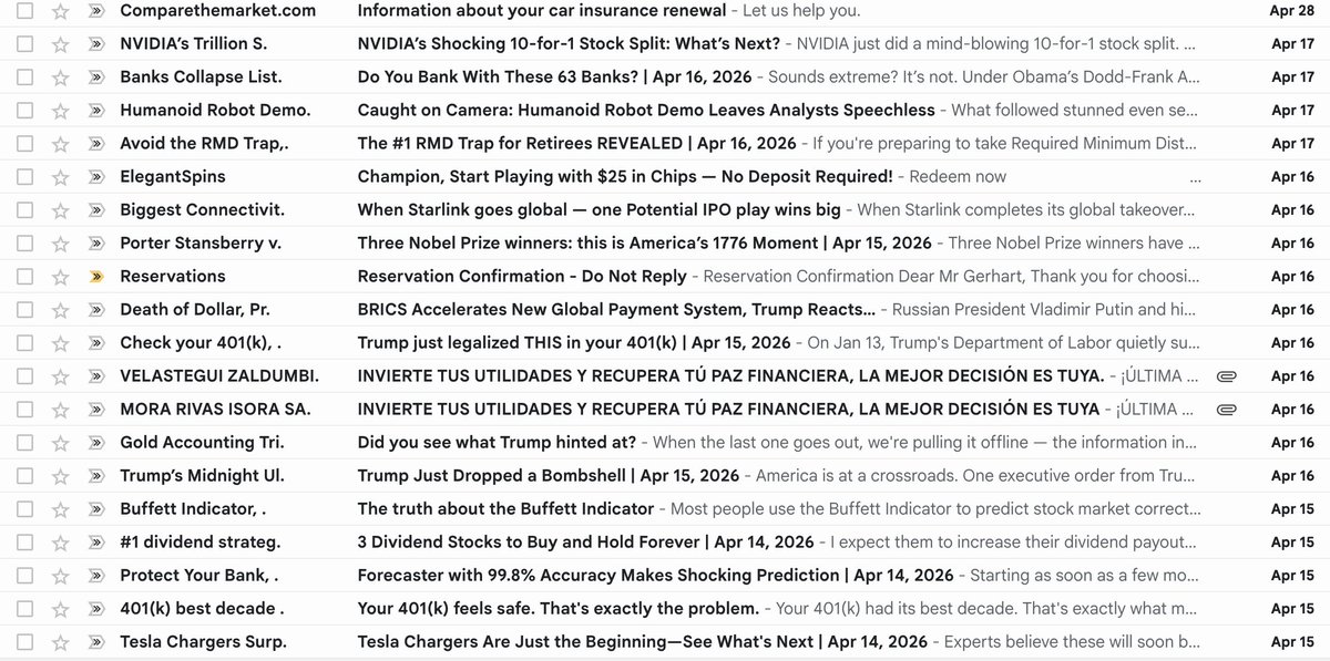 trykelp's tweet photo. 🏖️ I think Gmail's spam filter might have been taking a little vacay that week. 🍹

💅🏻 No sweat for Kelp: none of these touched my Inbox. https://t.co/Zu16Av7Bnx