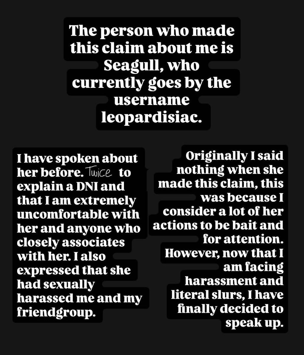 SebbbyMilk's tweet photo. I recently posted a callout to my instagram about the user Leopardisiac because of the lies she made about me being an alleged racist defender. However I was just informed that she had spread the lie to this platform as well.

I’m going to repost everything I said on here. https://t.co/fS8M8KZv2s