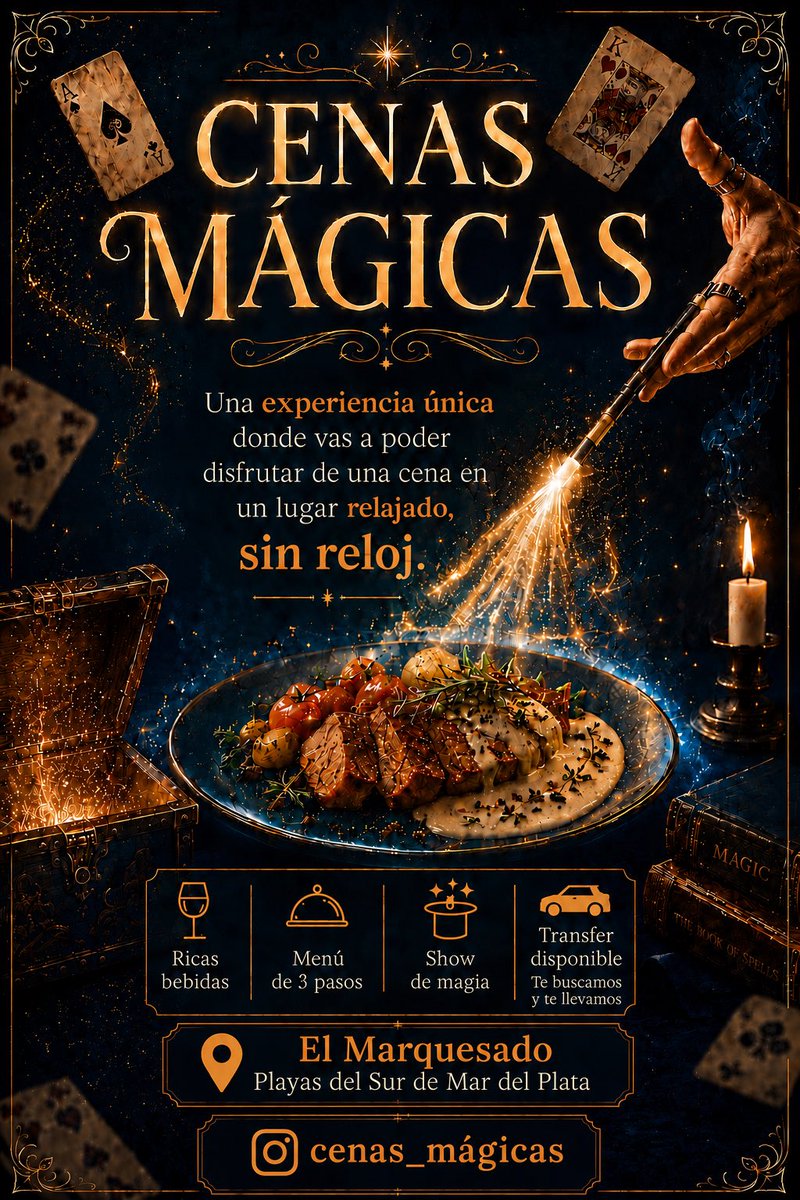 CondeyManchu's tweet photo. Y se larga emprendimiento :
Dónde? : en casa( Marquesado, sur de Mardel ) 
Puertas cerradas .
Cupo: 8 personas .
Cena de 3 pasos , show de magia , risas y ambiente ameno .
Primer encuentro : 20/07/26 ( día del amigo )
Promo 1era cena : 30.000$ La tarjeta incluye  ( entrada , plato ppal y  postre. Copa de vino , agua o gaseosa )y experiencia mágica .
Además vamos a contar con  vinos y variedad de tragos .

Para q puedas beber tranquilo si queres te vamos a buscar y te llevamos a tu casa.

Que mas pretende ud de nosotros!!!! 😂.

Compartí nuestra 1era publicación de IG y participa del sorteo de un lugar en nuestra primera experiencia.
Seguinos en IG: @cenas_magicas

Se larga ya!!!!!

Nos ayudan retuiteando ??

Gracias Hente beia !