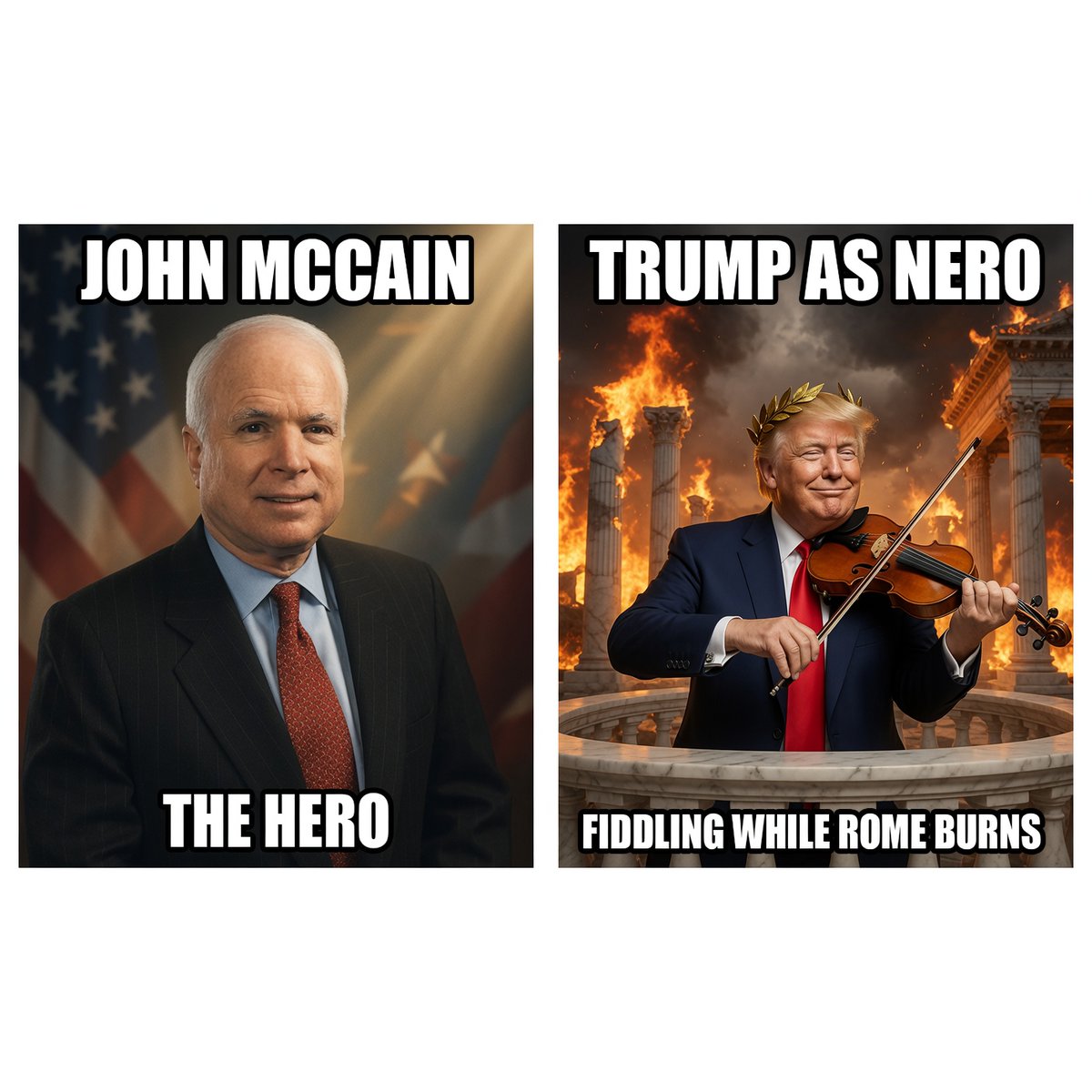 goRubenRuben's tweet photo. @CAgovernor @HedFulofDreams @CAStateParks John McCain HERO!
Trump is Emperor NERO!
John McCain was a Vietnam prisoner of war, while Trump is burning down America his is
An Emperor NERO! #LoveBomb
#McCain #McCainHERO #TrumpNERO #USDemocracy https://t.co/fXm7HXNkwD