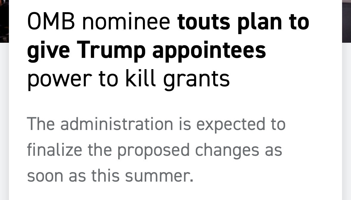 DrCatharineY's tweet photo. Today, OMB officials defended a proposal that would give political appointees authority to review and terminate grants based on alignment with presidential priorities.

If implemented, it would mark the most significant changes to federal science funding. https://t.co/xSt2QuBvnV