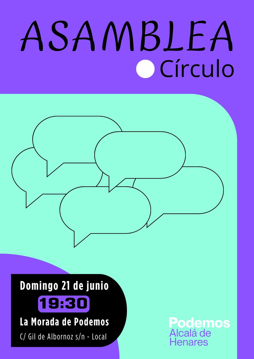PodemosAlcala_'s tweet photo. El próximo domingo 21 de junio, a las 19:30, tenemos #AsambleaAbierta del Círculo @PodemosAlcala_.
Contamos contigo para seguir creciendo. Si aún no te has inscrito hazlo en https://t.co/hAuSsUrHqx, y si te estás pensando dar el paso a militante ahora es el momento.
Te esperamos https://t.co/p6mTLv3cfj