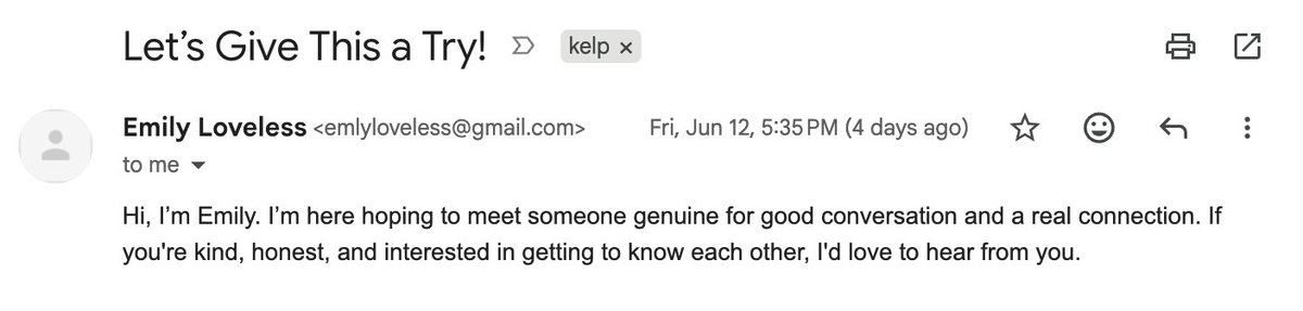trykelp's tweet photo. Loveless is a perfect name for this romance scammer! Sorry, Emily: you're filtered. https://t.co/yuLUcJmOI4