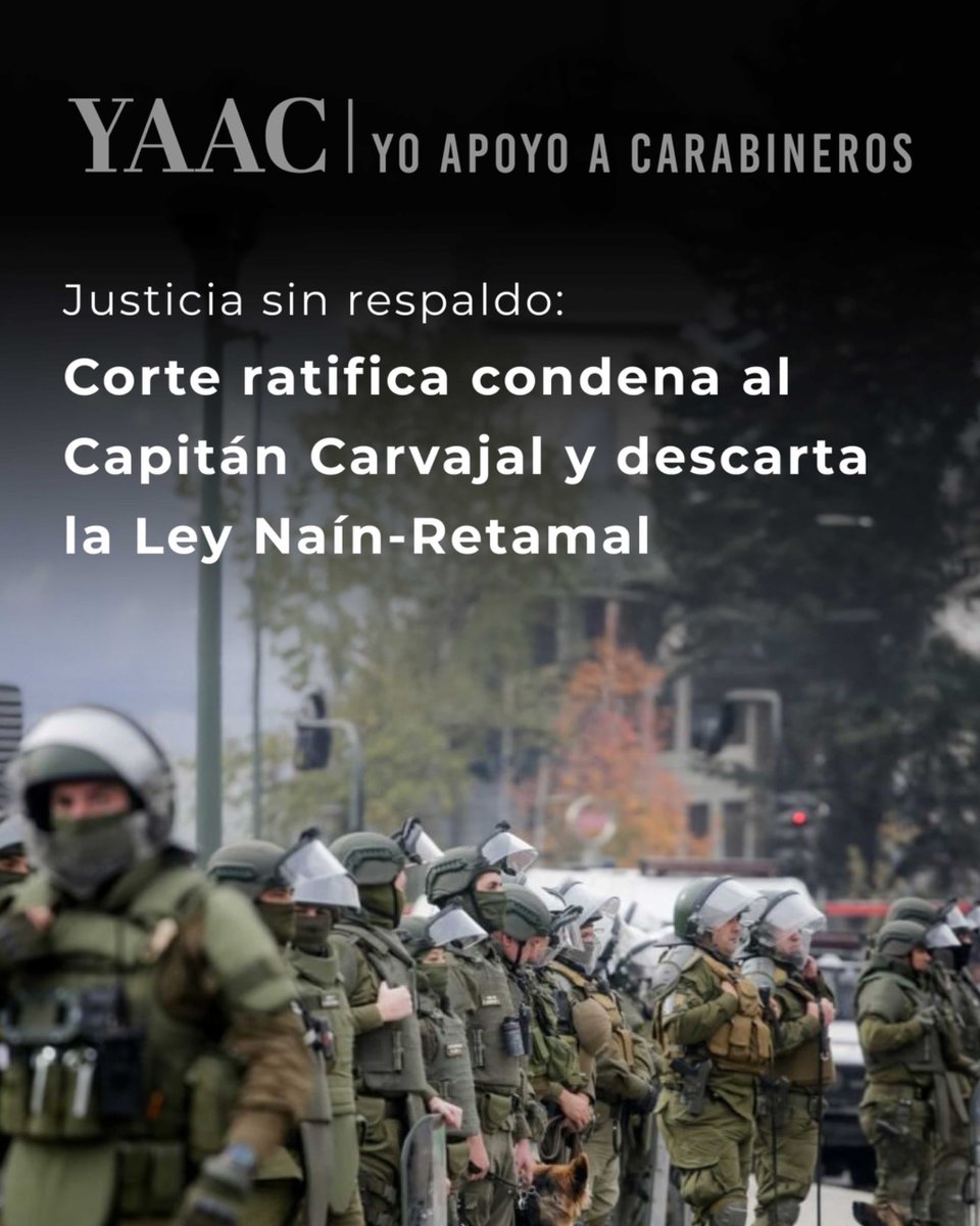 ChileYAAC's tweet photo. ¡Cárcel por salvar a Chile el 18o!

La Corte de Apelaciones confirmó la condena de 7 años contra el Capitán Pablo Carvajal y rechazó aplicar la Ley Naín-Retamal.

Para muchos, el fallo deja sin respaldo a quienes enfrentaron los violentos disturbios de 2019 y arriesgaron su integridad en el cumplimiento de su deber.

🇨🇱 Exigimos un respaldo real para nuestros Carabineros.

#Seguridad #Carabineros #YAAC #YoApoyoACarabineros