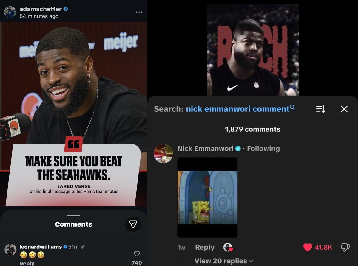 hawkmania4's tweet photo. #Seahawks Leonard Williams on IG and Nick Emmanwori on TikTok both respond to #Browns Jared Verse comment:

H/T: @new_era72 find, [right photo] https://t.co/qDKv6OAiPT