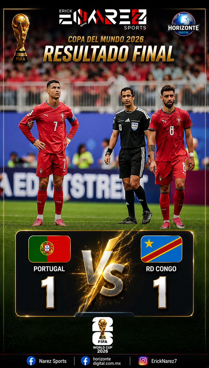 ErickNarez's tweet photo. 🚨😱 ¡NO APARECIÓ CR7! 🇵🇹⚽

Portugal dejó escapar sus primeros puntos en la Copa del Mundo 2026 tras igualar 1-1 ante una sorprendente RD Congo. 🇨🇩🔥

🇵🇹 Portugal 1-1 RD Congo 🇨🇩

#Mundial2026 #WorldCup2026 #Portugal #RDCongo #GrupoK #FIFAWorldCup #CristianoRonaldo #CR7 https://t.co/bMJSx98v5X