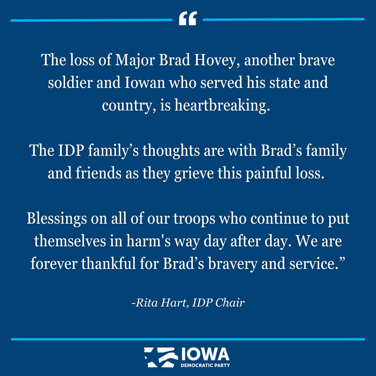 iowademocrats's tweet photo. A statement from IDP Chair Rita Hart on the death of U.S. Air Force Major Brad Hovey: https://t.co/HfH6Cbl3K0