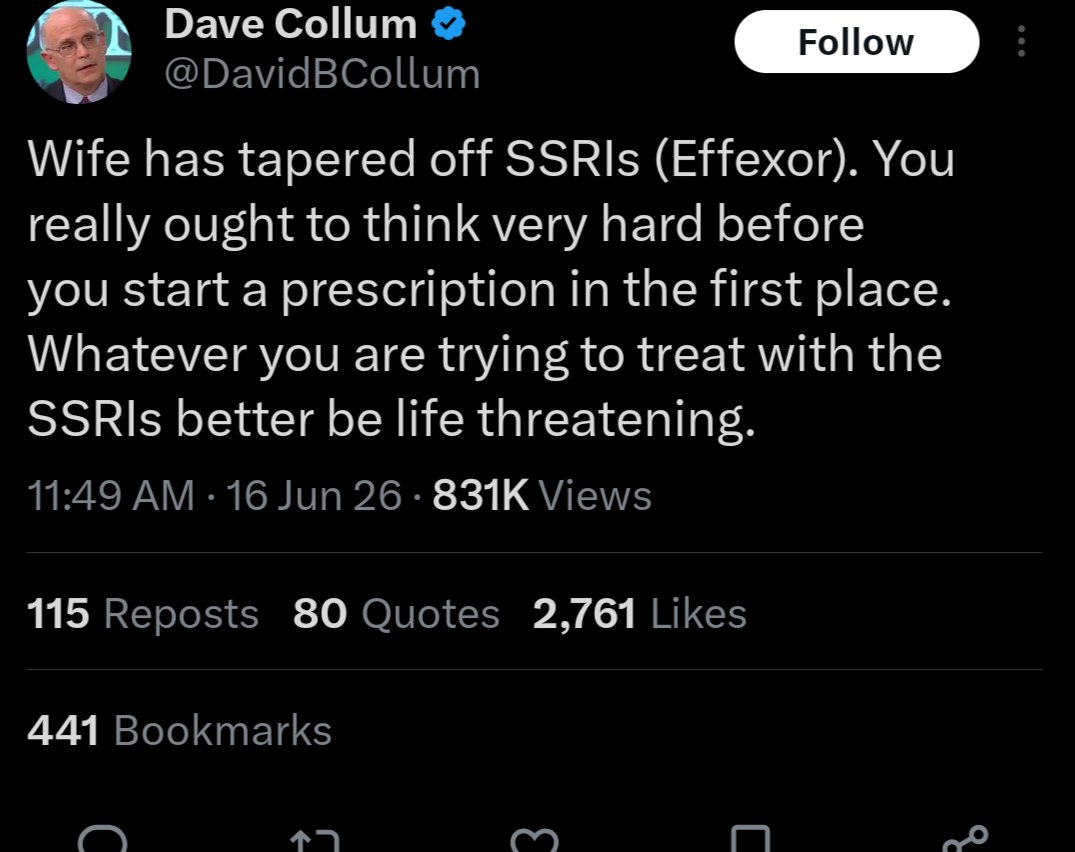 brazenburrito's tweet photo. Effexor isn't an SSRI, is notorious for having bad withdrawals, and people should not be in danger of killing themselves before they start meds. This guy has no idea what he's talking about https://t.co/p0Aoryw02g