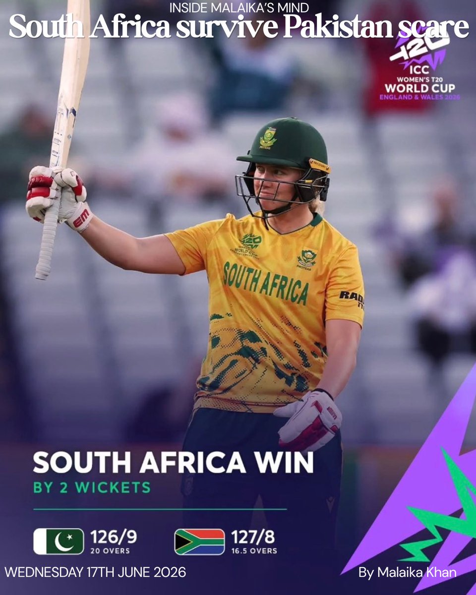 malaikasmind's tweet photo. South Africa secured their first win of the tournament, but only after a spirited fightback from Pakistan captain Fatima Sana, whose all-round performance nearly inspired an unlikely comeback. #T20Cricket #T20WorldCup #SouthAfrica 

https://t.co/7Z7m4nputT https://t.co/X0U3y5CiOI