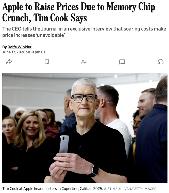 wallstengine's tweet photo. Apple $AAPL is reportedly preparing to RAISE PRICES as the AI-driven memory crunch starts hitting consumer hardware.

DRAM and NAND costs are moving higher as AI servers absorb more supply, and Tim Cook says the pressure is becoming unsustainable. https://t.co/bSQx6AS4q2