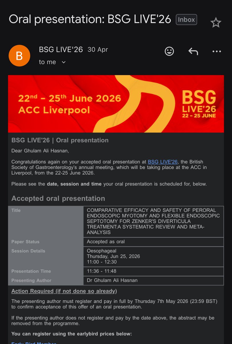 GA_Hasnan's tweet photo. Save the date and time !!
Presenting our paper at #BSGLIVE26 . Huge thanks to wonderful Mentor @AamirSaeedMD 
@NHSGrampian @nottmhospitals @BritSocGastro @BSGTrainees @DrGrays_Elgin @NEndoscopy @FrontGastro_BMJ @ScotSocGastro 

#BSGLIVE26 #GITwitter #gastro #BSG #liverpool https://t.co/qM2vZCRorY