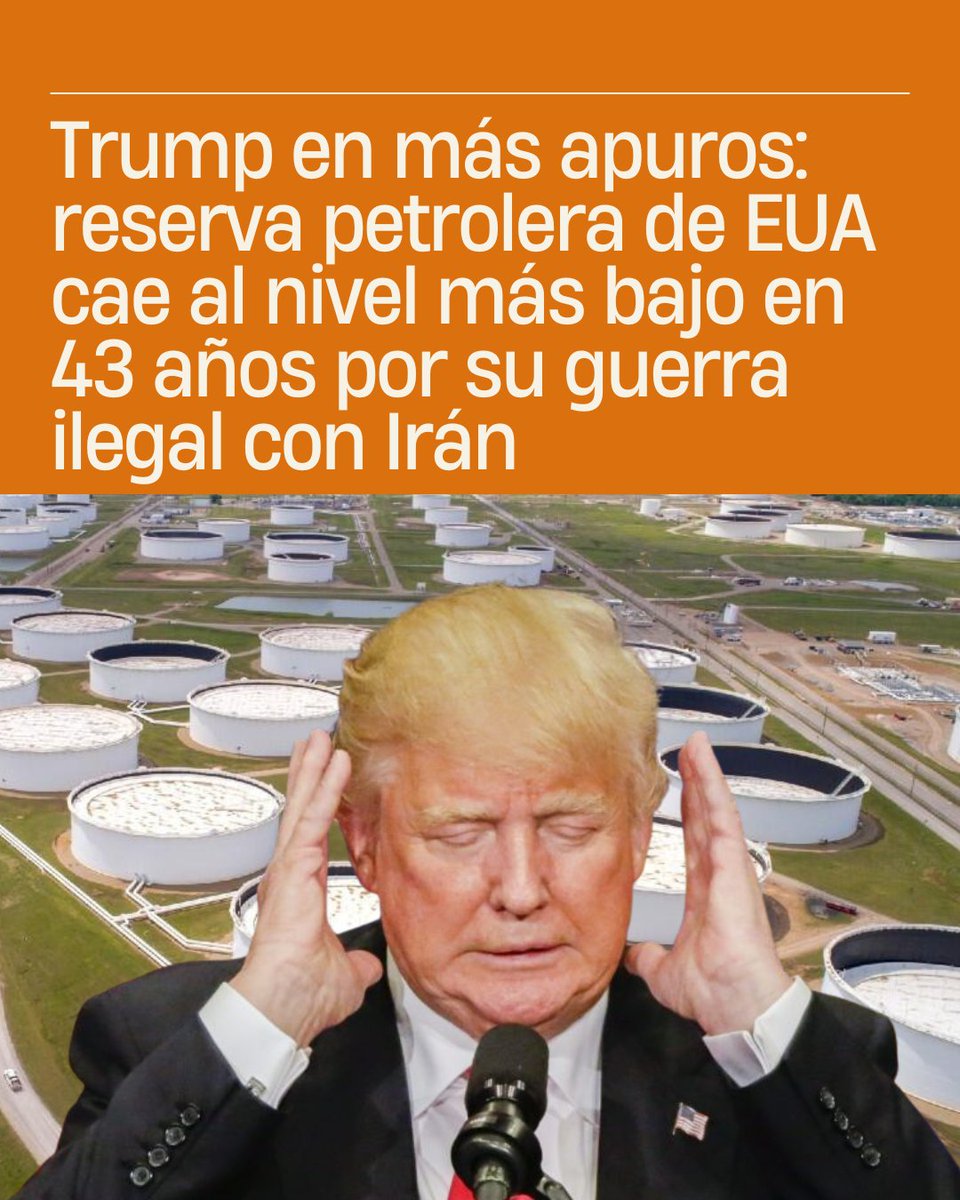 quorum_mx's tweet photo. 📣🚨🛢🇺🇸El Departamento de #Energía de Estados Unidos (#EUA), informó el pasado lunes 15 de junio que la Reserva Estratégica de Petróleo (#SPR por sus siglas en inglés), se encuentran en sus números más bajos desde 1983, o sea, 43 años, lo que representa una nueva crisis para #DonaldTrump y sus #aliados, y especialistas señalan que su #guerra #ilegal contra #Irán es la causante de esta nueva 'crisis de #combustibles.

🛢❌️La SPR de EUA fue creada en 1970 tras el embargo petrolero Árabe, con el objetivo de proteger con una reacción inmediata a su país y aliados si por alguna razón se registrase una interrupción grave del suministro.

🤔🛢💰Fue el pasado marzo cuando #Trump ordenó la liberación de más de 172 millones de #barriles de petróleo por su guerra ilegal con Irán, esto con el objetivo de ayudar al sector privado y a naciones aliadas que tenían problemas con la escasez del petróleo, pero también para buscar controlar la #inflación.

🚨🛢😡Si bien, Trump recibió una reserva estratégica desgastada por su predecesor Joe Biden, una de las promesas de campaña del ahora presidente estadounidense de derecha fue la recuperación a su capacidad máxima y no permitiría que cayera, pero en sus dieciséis meses de gobierno ha hecho lo contrario al consumirla y provocar una #crisis de #hidrocarburos para el #mundo.

📉Diversas y diversos expertos señalan que, aunque el próximo 19 de junio se firme el acuerdo de paz y comience a normalizar la navegación del petróleo, tardará semanas o incluso meses para que los números regresen a ser los mismos de antes de la guerra, esto sin contemplar las repercusiones económicas la cuales llevarán más tiempo.

🧨Finalmente, la guerra contra Irán no solamente ha representado una de las más grandes derrotas hasta ahora de Trump, sino también la disminución de la reserva estratégica, quedando prácticamente a un tercio de su capacidad, imposibilitando a EUA entrar a otros conflictos bélicos y/o diplomáticos, pues otro corte al suministro global podría prácticamente terminar con el margen de maniobra de EUA. 

✍️🏾 Emilio Sebastián