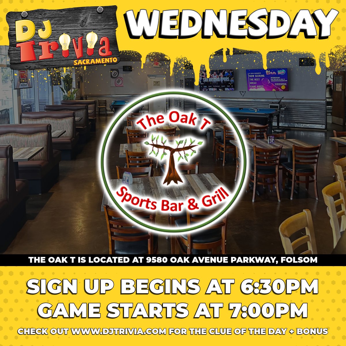 tjbedz's tweet photo. It's a new DJ Trivia Sacramento season and Wednesday is game night with me as your host at The Oak T Sports Bar &amp; Grill in Folsom!

All ages welcome! Great food and drinks! 

DJ Trivia starts at 7pm! You could win gift certificates!
#djtriviasacramento #theoaktsportsbarandgrill https://t.co/spQWn3iwYg