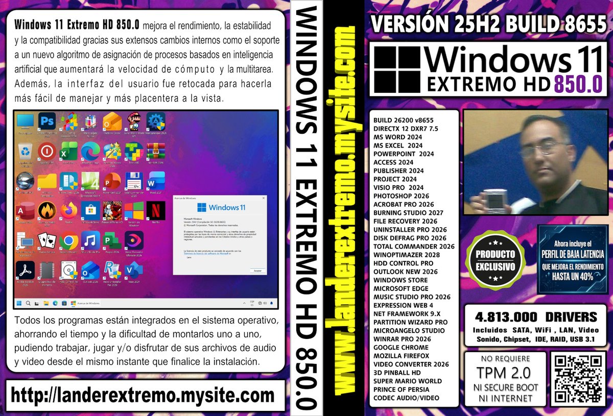 LanderX_Real's tweet photo. Windows 11 Extremo HD 850.0 Build v8655 con Office 2024, Photoshop 2026, Acrobat Pro 2026, Burning Studio 2027, WinOptimizer 2028 y muchos más.  NO REQUIERE NI TPM 2.0 NI SECURE BOOT. Para precios o pedidos escríbanos a compratuwindows@hotmail.com o visite https://t.co/Vkof7ZWrI7 https://t.co/GPymuQZA4e