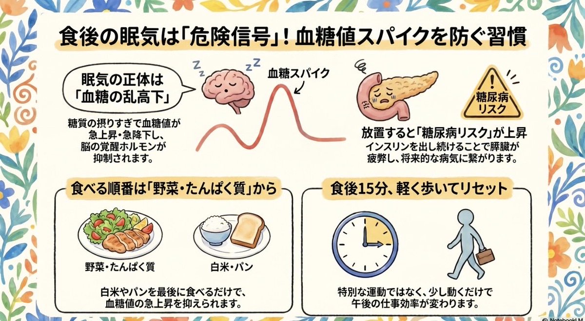 nanacotto's tweet photo. 食後に眠くなるのは「普通のこと」だと思っていませんか？

糖尿病療養指導士16年の私が言えること

眠くなる人と、ならない人には
はっきりした「差」があります。

【眠気の正体】
食後の眠気は「満腹感」ではなく
「血糖の乱高下」が引き金です。

糖質の多い食事 →
血糖値が急上昇（スパイク）→
インスリンが大量分泌 →
血糖値が急降下 →
脳のオレキシン（覚醒ホルモン）が抑制される
→ 強烈な眠気

満腹だから眠いのではなく、
血糖が暴れているサインです。

適切に血糖がコントロールされていれば
食後に強い眠気は起こりにくいです。

眠気が毎食後に来るということは
膵臓がインスリンを大量に出し続けているサインかもしれない。

これが長年続くと、
インスリンを出す細胞（β細胞）が疲弊して糖尿病リスクが高まります。

【今すぐできる対策】
食後の眠気を減らすためにできること：

✅ 白米・パン・麺を野菜・たんぱく質の後に食べる（食べる順番）
✅ 食後15分、軽く歩く
✅ 昼食の糖質量を少し意識して減らす

特別なことではありません。
「血糖の波を小さくする」だけで
午後の仕事効率は変わります。

食後の眠気は「仕方ない」じゃない。

血糖スパイクが起きているサインとして
受け取ってほしいと思います。
昼食後の眠気ありませんか？