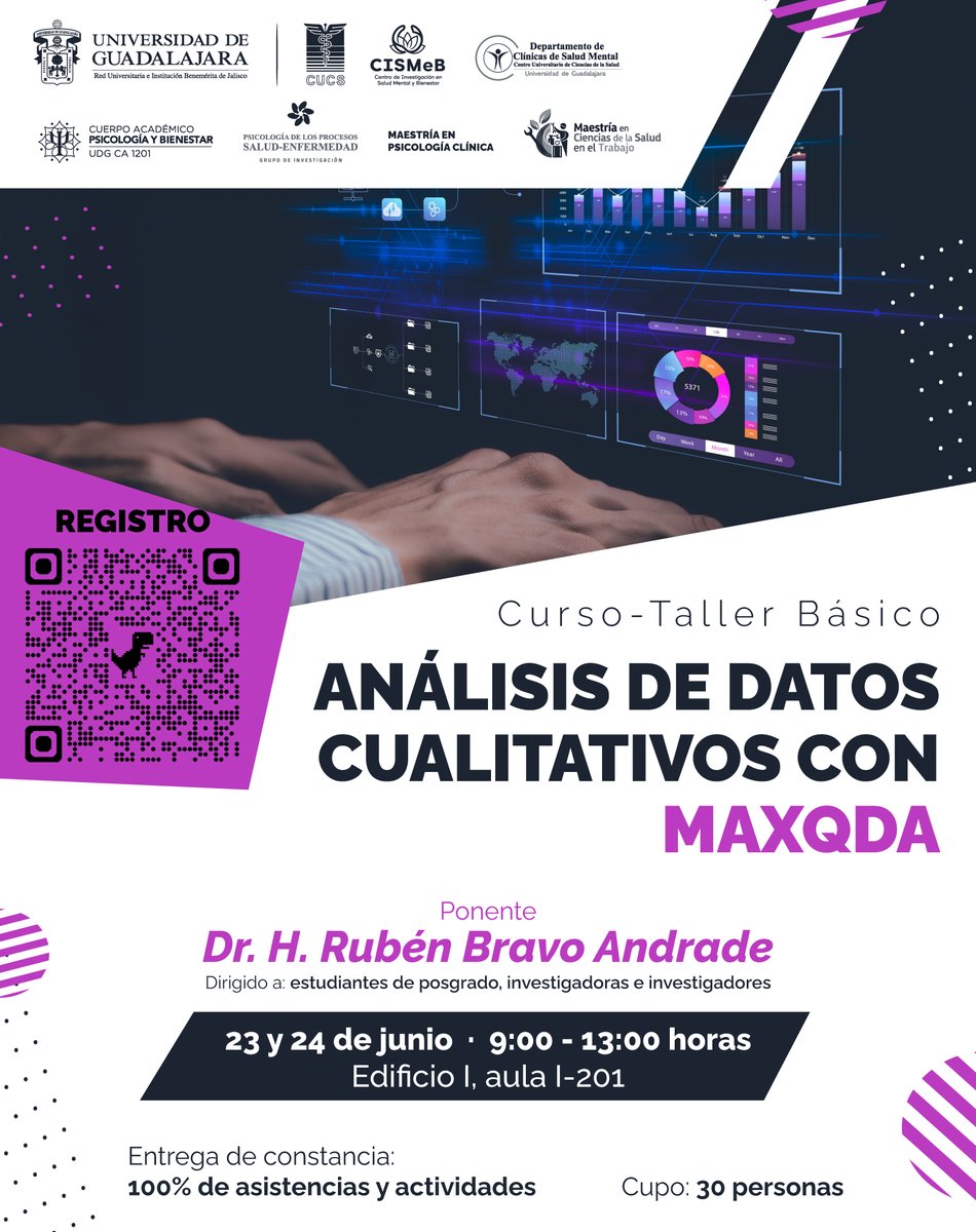OficialCUCS's tweet photo. Fortalece tus habilidades en análisis de datos cualitativos con MAXQDA. 🔍

Te invitamos a participar en este curso-taller dirigido al personal del CUCS.
📅 23 y 24 de junio
📍 Edificio I, Aula I-201
📄 Cupo limitado

📲 Regístrate escaneando el código QR del flyer https://t.co/Q4nDWzePMW