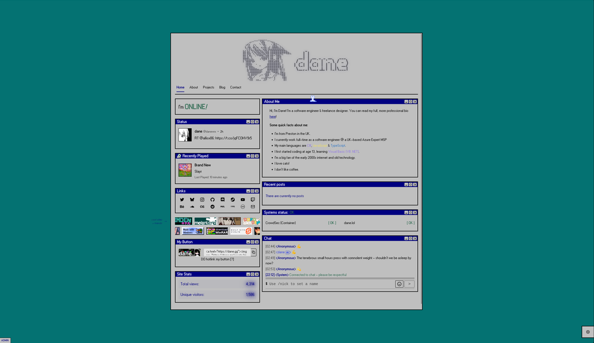 danewrx's tweet photo. I've rewritten my website! 

its now completely written in sveltekit -  I also added a bunch of cool stuff like website themes, custom chat emojis, custom chat sounds, and selectable neko cursors.

you should check it out! :)

↓↓↓ https://t.co/0uDLobSkr2