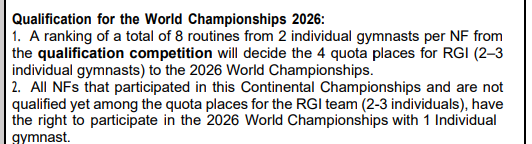 emgergo's tweet photo. AGU directives for the Asian Championships say this about the WCH qualification:

"1. A ranking of total of 8 routines from 2 individual gymnasts per NF from the qualification will decide the 4 quota places for RGI (2-3 individual gymnasts) to the 2026 World Championships." https://t.co/9eV34tc5pV