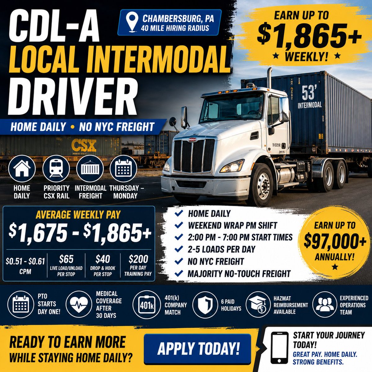 Classajobs's tweet photo. HOME DAILY CDL-A DRIVER

📍 Chambersburg, PA

💰 $1,675 - $1,865+ Weekly
🚛 Intermodal Freight
🏠 Home Daily
🌙 PM Shift
✔ 3 Months Experience
✔ No NYC Freight
✔ Paid Training
✔ Benefits Available
Apply Now! https://t.co/XQybCiwfgK https://t.co/0FnWh8x072