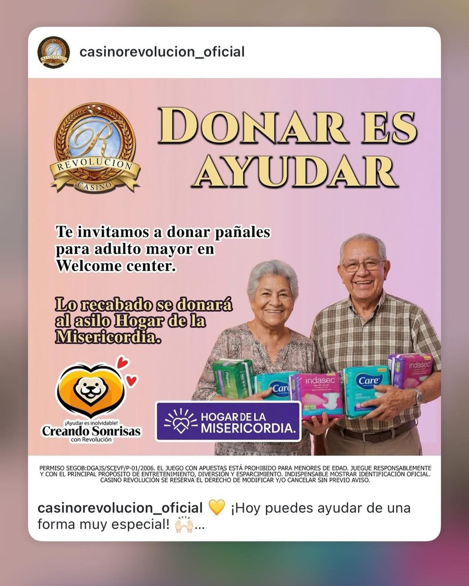 HogarMisericor's tweet photo. Durante todo #junio con tu donación de pañales para adultos mayores, apoyas a nuestro Hogar! Gracias por tu ayuda!
 #ayuda 

Casino Revolución Oficial https://t.co/qfxPf6M348