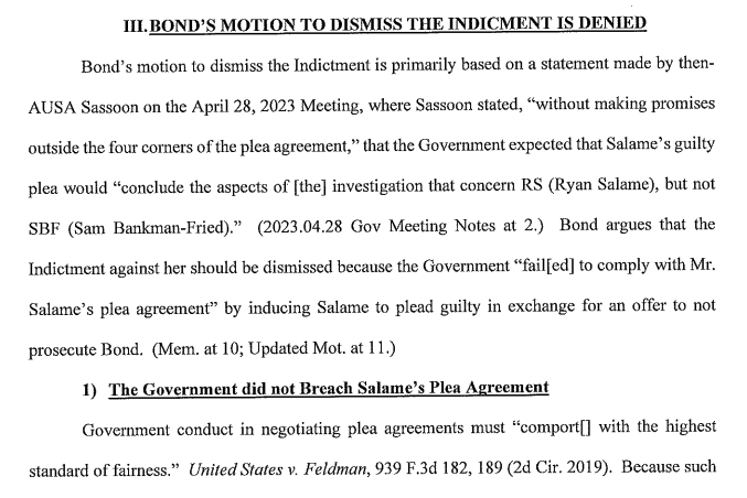JayShams's tweet photo. SDNY judge declines to dismiss campaign finance indictment against former FTX consultant and politician Michelle Bond.

Bond claimed that prosecutors promised not to investigate her if her partner Ryan Salame pleaded guilty — then indicted her anyway. Judge doesn't buy it. https://t.co/Vw0SbeIDdO