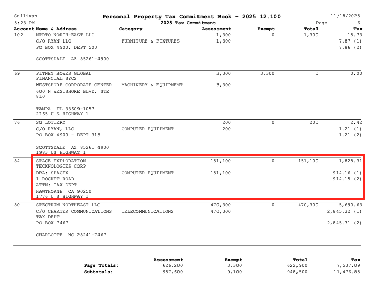 TheMaineWire's tweet photo. SpaceX has paid more property taxes in Sullivan Maine than Platner's oyster farm 🤣 https://t.co/T7RjdQnv0D