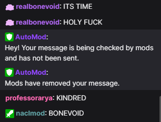 bonevoid's tweet photo. I said "holy fuck" and got banned for "not being respectful"

genuinely why would anyone be in this broadcast when you can't even be excited LMFAO

like I want to support the amateur scene in NA but come ON man are we deadass? https://t.co/1kmooDvSxy