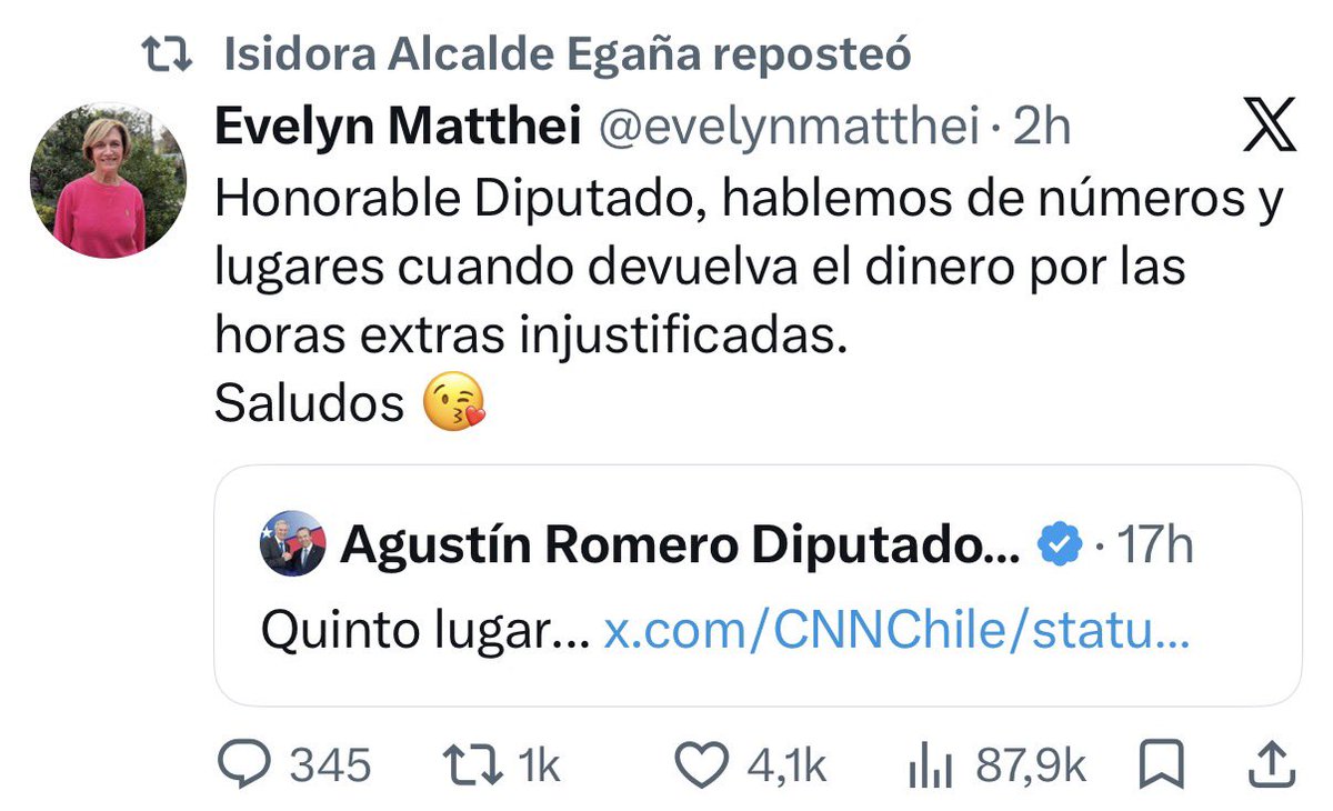 capimemecl's tweet photo. Que chistoso que Evelyn Quintthei encuentre respaldo en la extrema izquierda. Acá un ejemplo: @isidoraalcalde después que criticó mucho a @evelynmatthei ahora le hace RT 😂 https://t.co/um8uuZQ1th